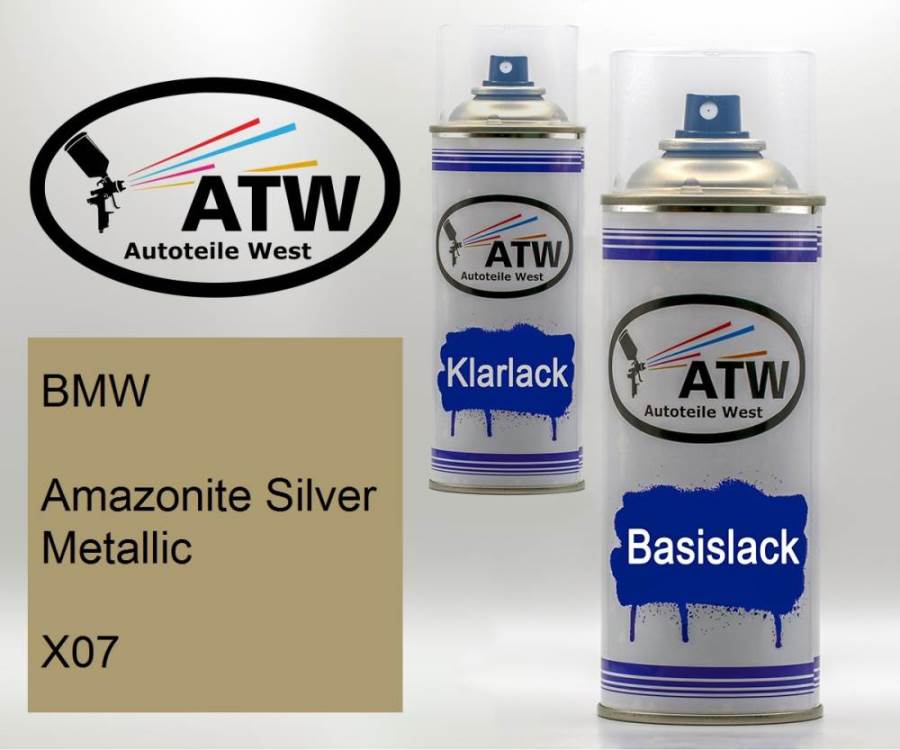 BMW, Amazonite Silver Metallic, X07: 400ml Sprühdose + 400ml Klarlack - Set, von ATW Autoteile West.